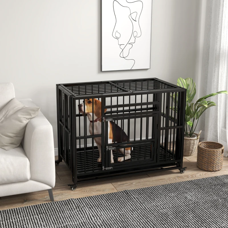 PawHut 37" Heavy Duty Dog Crate, Foldable Dog Cage, with Openable Top, Locks, Removable Tray, Wheels - Black