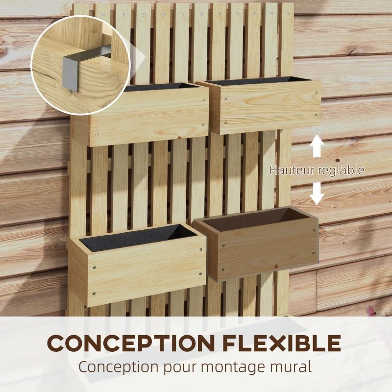 Outsunny Jardinière murale potager avec 5 bacs treillis en bois massif amovibles 60 x 16 x 100 cm(m-5)