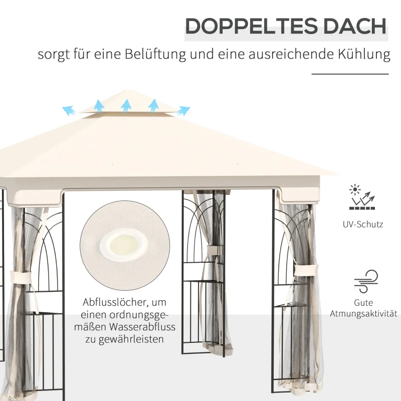 Outsunny Gartenpavillon mit Doppeldach Pavillon Gartenzelt Festzelt Partyzelt mit 4 x Seitenwand Metall+Polyester Cremeweiß 2,99 x 2,99 x 2,74 m