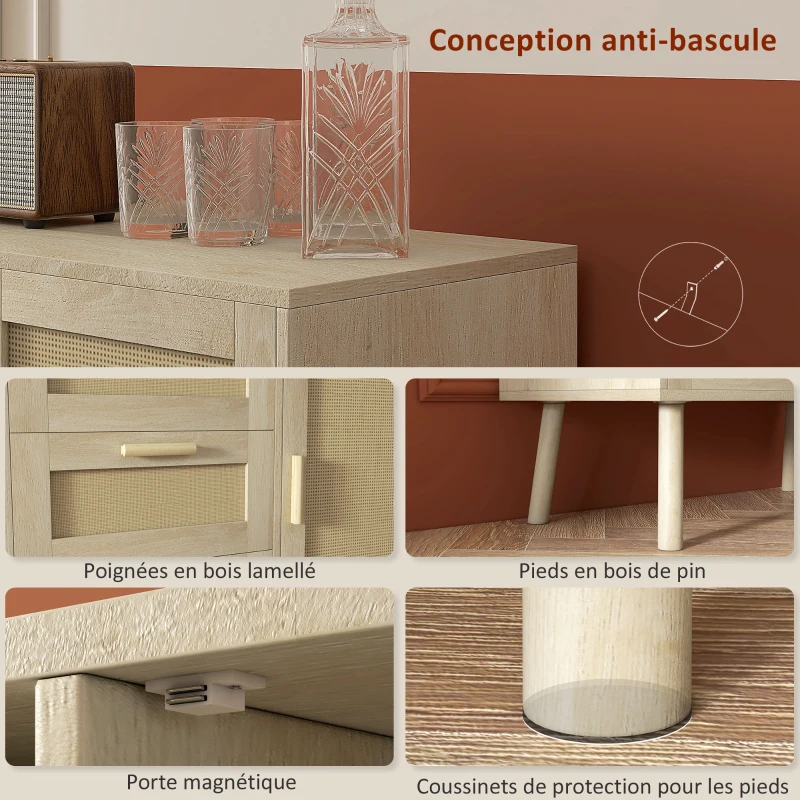 HOMCOM Meuble de rangement buffet style bohème 3 tiroirs et 1 porte façades rotin  - dim. 80L x 36l x 75H cm