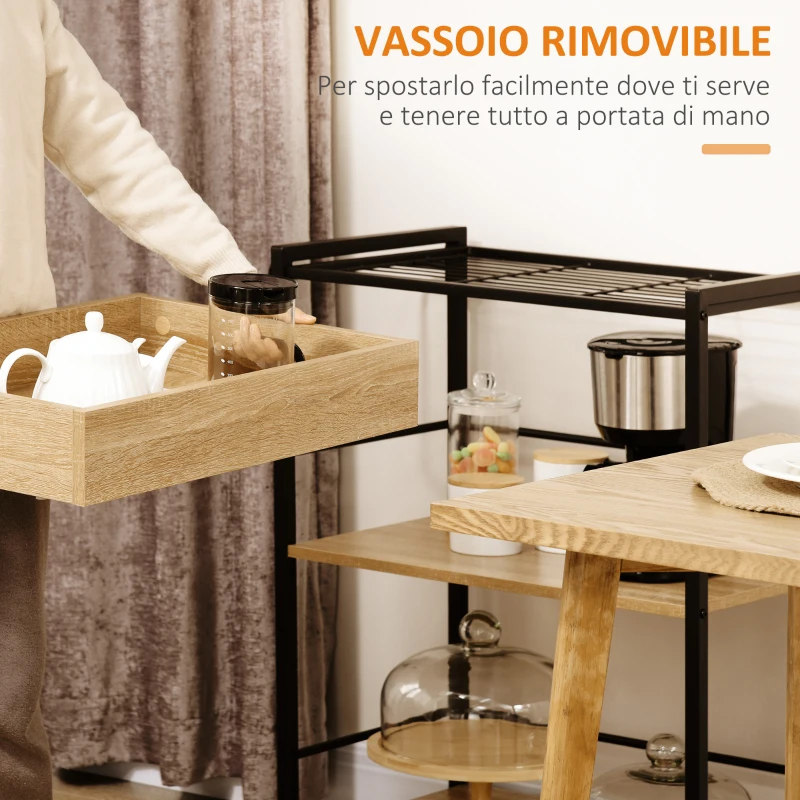 HOMCOM Carrello da Cucina a 3 Ripiani con Vassoio Rimovibile e Ruote Girevoli, 72x40x94cm, Legno e Nero