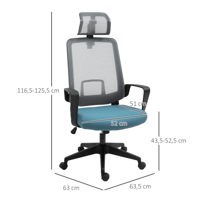 Vinsetto Silla de Oficina Ergonómica Silla Escritorio Giratoria con Altura Ajustable Soporte Lumbar Reposabrazos y Reposacabezas Regulable Malla Transpirable 63,5x63x116,5-125,5 cm Azul y Gris