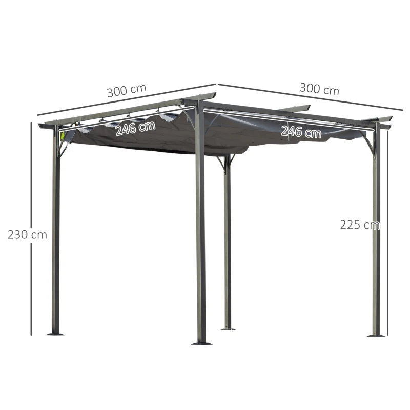 Outsunny Pergola rétractable 3L x 3l x 2,30H m structure métal époxy anticorrosion, toile polyester haute densité incluse gris