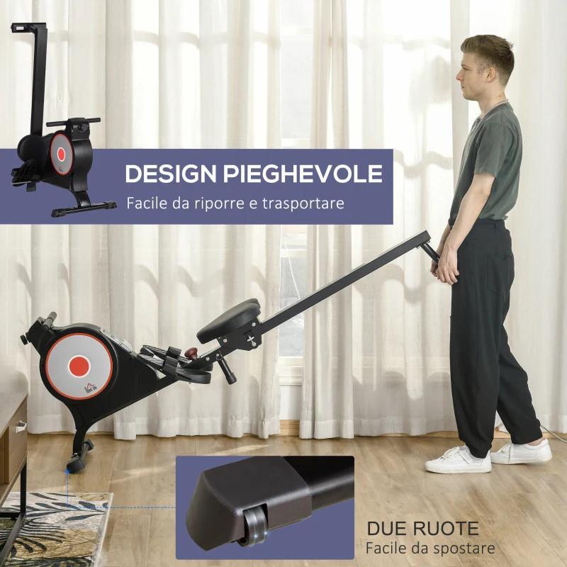 HOMCOM Vogatore Professionale per Casa con 8 Livelli di Resistenza Magnetica, Ruote e Monitor Digitale, Vogatore Pieghevole in Acciaio e ABS, 180x48x60cm, Nero e Grigio