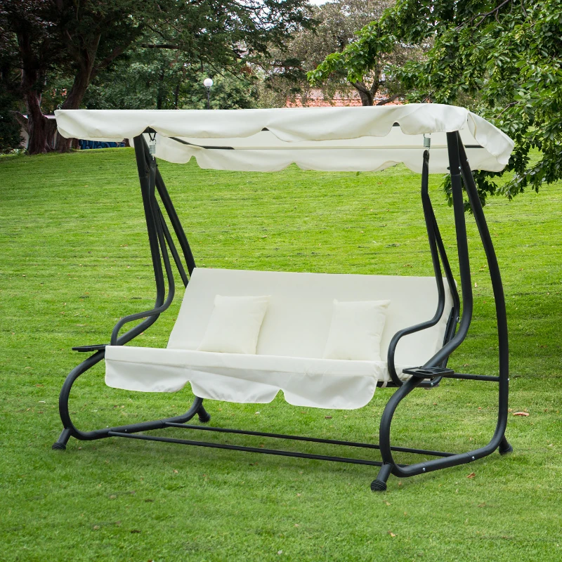 Outsunny Columpio Balancín Jardín 3 Plazas Convertible en Cama Techo Parasol Regulable Bandeja para Bebida Terrza Balcón Exterior Carga máx. 340kg Acero 200x120x164cm Beige