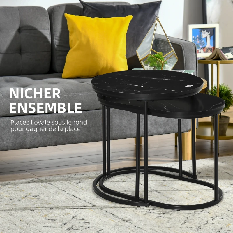 HOMCOM Lot de 2 tables basses tables d'appoint gigognes en acier et plateau MDF aspect marbre - table ronde et ovale - noir