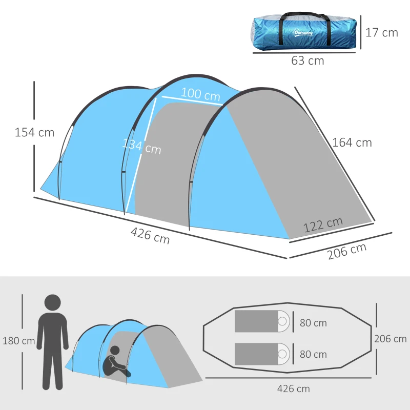 Outsunny Campingzelt, Wurfzelt für 2-3 Personen, Vorraum & Schlafbereich, wasserdicht, 426 x 206 x 154 cm, Hellblau