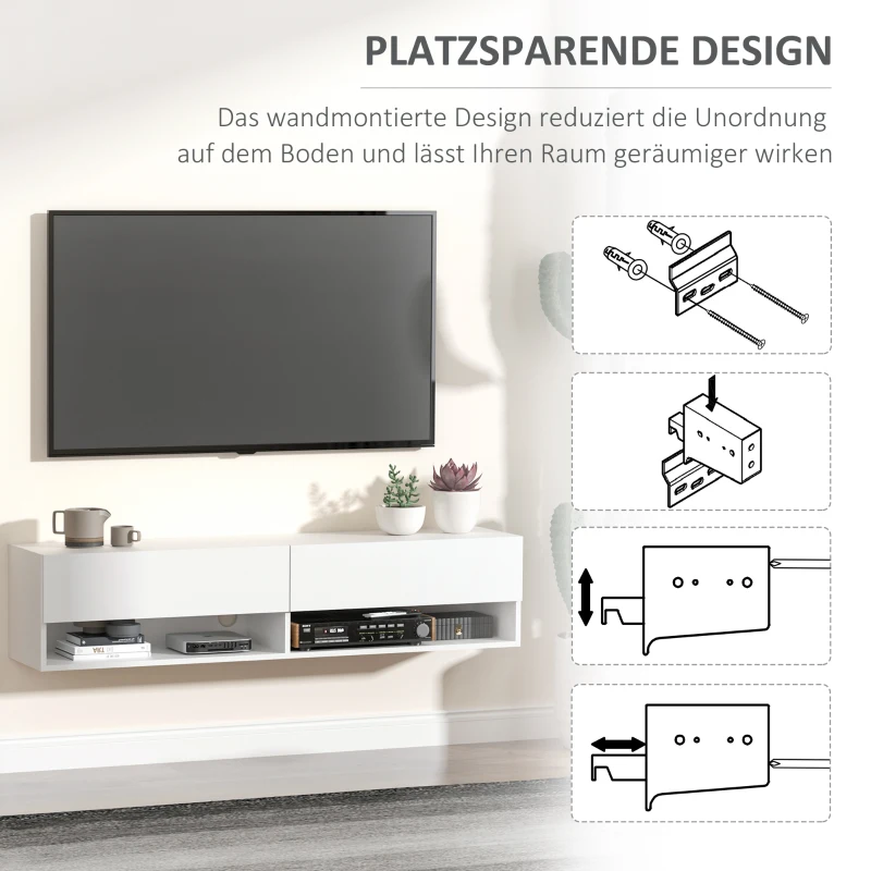 HOMCOM TV Schrank, Hängeschrank, Wandschrank, TV-Kommode, TV-Ständer, Lowboard, Moderner Fernsehtisch mit Klappfächer und Offene Regale, Spanplatte, Weiß, 140 x 32 x 31 cm