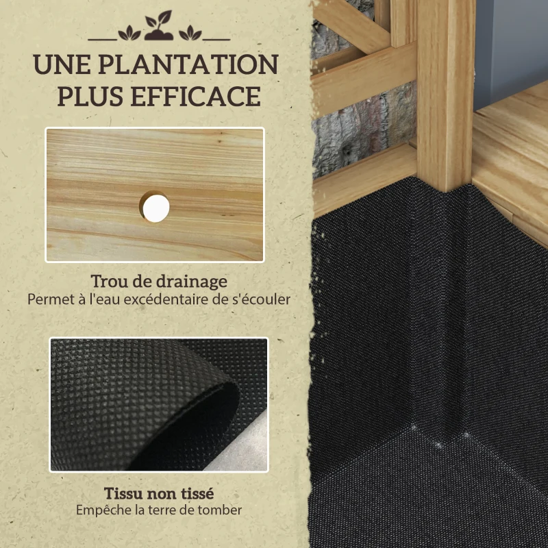 Outsunny Jardinière rectangulaire sur pieds avec treillis 2 tablettes latérales rabattables 1 étagère inférieure bois
