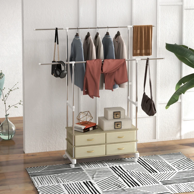 HOMCOM Double portant à vêtements réglables hauteur et largeur 4 tiroirs en tissu amovibles 1 étagère 4 roulettes beige argenté