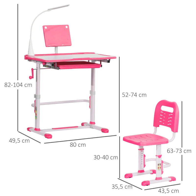 HOMCOM Escritorio y Silla para +6 Años con Altura Ajustable e Inclinable 80x49,5x82-104 cm y 35,5x43,5x63-73 cm Rosa