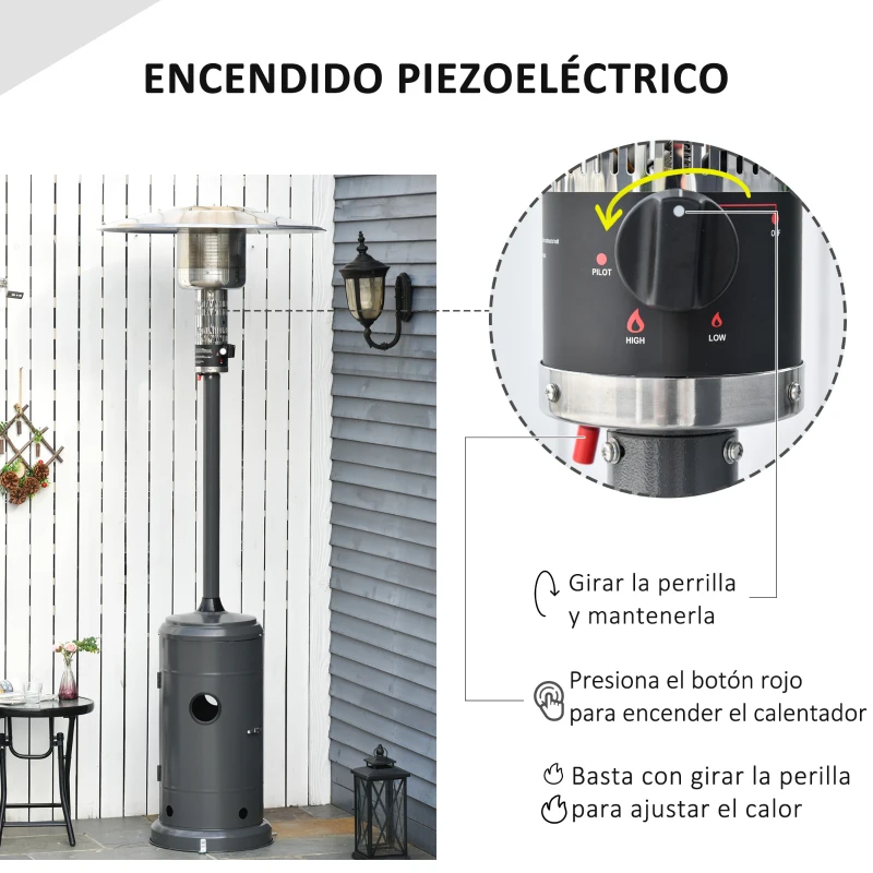 Outsunny Calentador de Patio 12,5KW Tipo Sombrilla Estufa de Gas para Exterior con Apagado Automático Ruedas y Cubierta Ø81x222 cm Gris Carbón