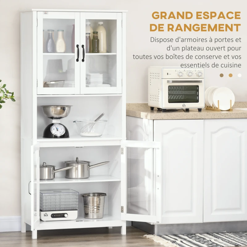 HOMCOM Buffet haut armoire de cuisine 4 portes vitrées et 1 niche centrage hauteur 172 cm avec étagères réglables blanc
