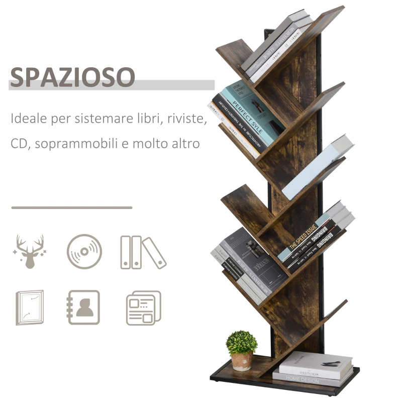 HOMCOM Libreria ad Albero in Legno, Scaffale Salvaspazio a Colonna con 10 Ripiani in Stile Industriale, 50x28x142cm