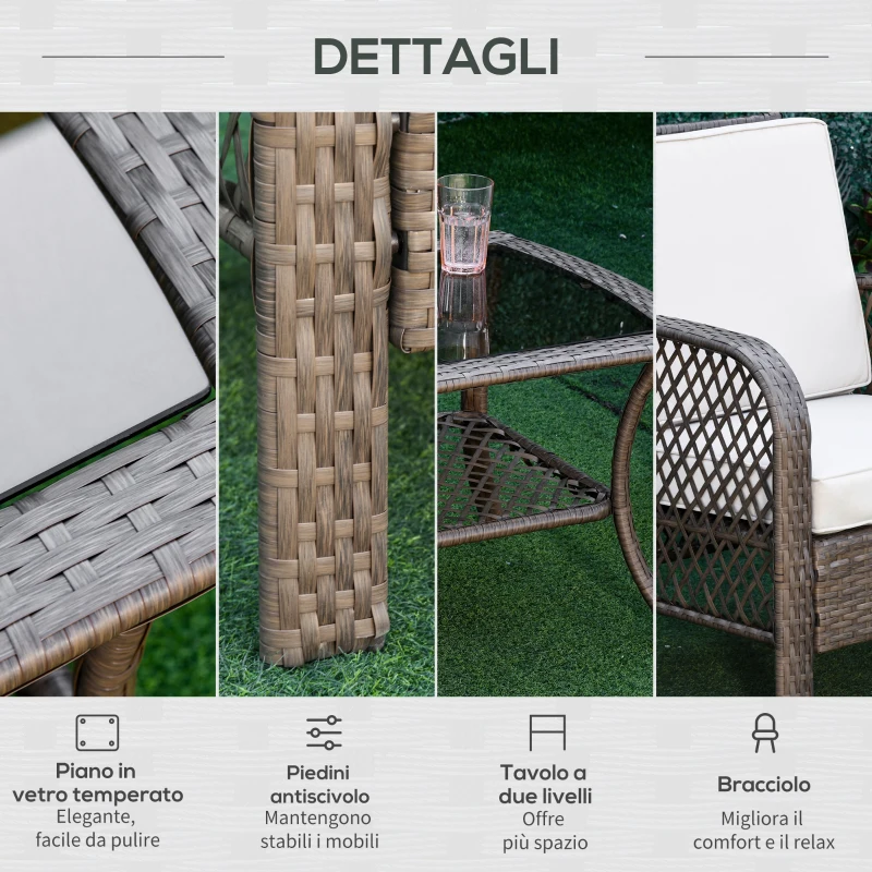 Outsunny Set Mobili da Giardino in Rattan Marrone, Set Tavolino, Sedie e Divano da Esterno 4Pz con Cuscini Imbottiti Cachi