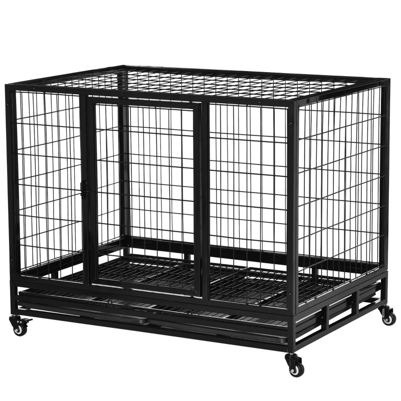 PawHut 43" Heavy Duty Metal Dog Crate Pet Cage with Tray Wheeled Dog Kennel - Black (Large)