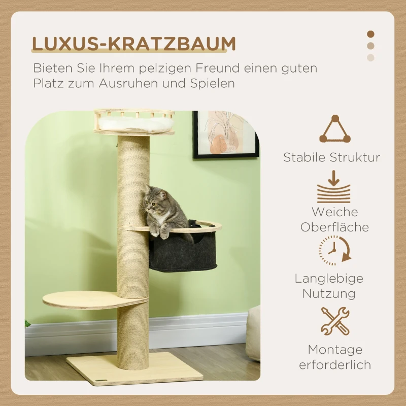 PawHut Kratzbaum, mit Liegeplattform, Sitzplattform, Hängematte, Liegekissen, 50 x 50 x 114 cm