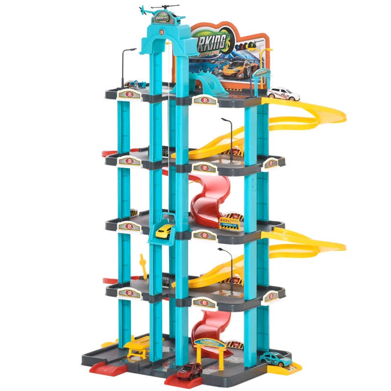 HOMCOM 5-Level Car Parking Garage Toy Race Tracks Car Ramp Set Toddler Car Games w/ Cars & Helicopter Elevator Gas Station Car Repair Station for 3-6 Years Old