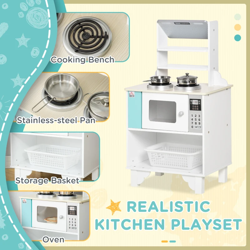 HOMCOM Kids Wooden Toy Kitchen Play Cooking Set Pretend Role Playset, Multiple Storage, with Cooking Bench, Pots, Storage Basket, for 3-6 Years