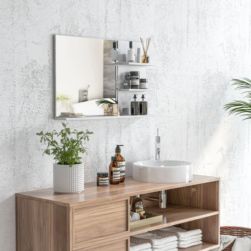kleankin Specchio da Bagno a Parete con 2 Ripiani Laterali e Ripiano Inferiore, in MDF e Vetro con verniciata, 75x10x48 cm, Bianco | Aosom Italy