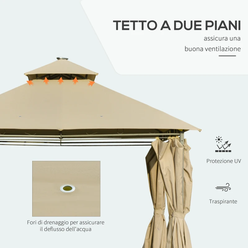Outsunny Gazebo da Giardino 3x4m con Pareti Rimovibili, Pannelli Solari e Luci a LED, Cachi