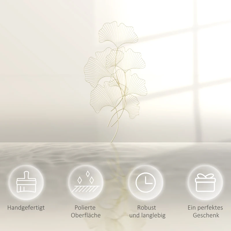 HOMCOM 3D-Wandbild Moderne Wanddekoration Ginkoblätter Metall Gold