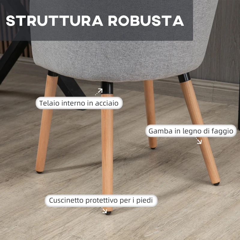 HOMCOM Sedia Moderna con Braccioli Imbottiti, in Tessuto Effetto Lino, Legno e Acciaio, 57x56x72 cm, Grigio Chiaro