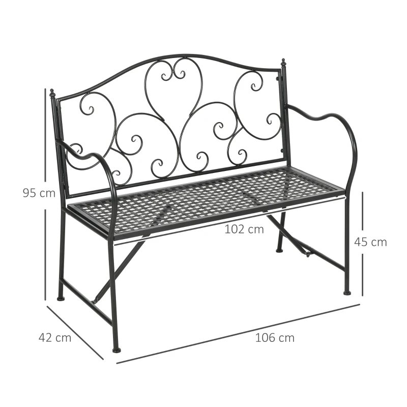 Outsunny Banc de jardin 2 places banquette extérieur terrasse patio en acier style romantique - 106 x 42 x 95 cm noir