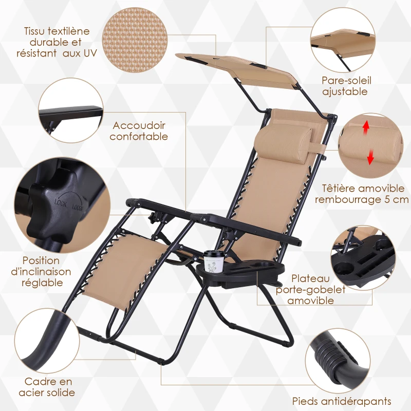Outsunny Chaise Longue Pliable de Jardin Bain de Soleil zéro gravité Pare-Soleil et Dossier réglable Plateau Porte gobelet Accessoires Metal textilène Beige