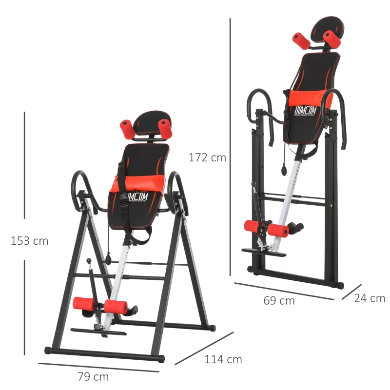 HOMCOM Tabla de Inversión por Gravedad Plegable con Inclinación hasta 90° y Cinturones de Seguridad 79x114x153 cm Rojo y Negro