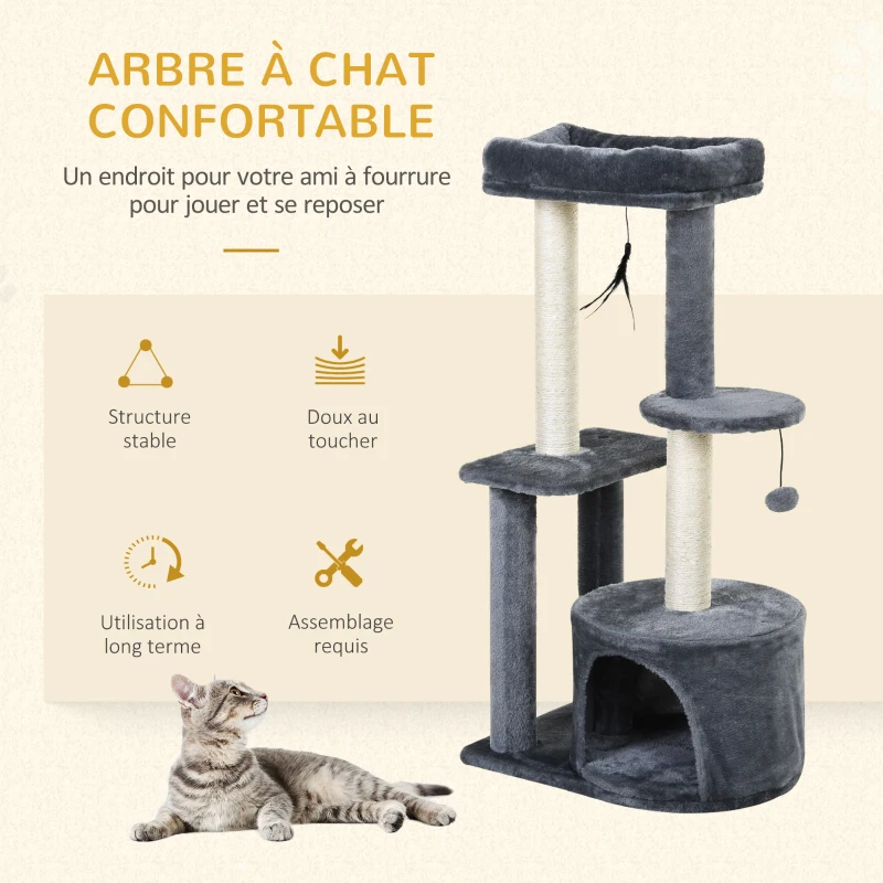 PawHut Arbre à chats avec griffoirs grattoirs sisal naturel centre d'activités niche plateformes 2 jouets suspendus gris