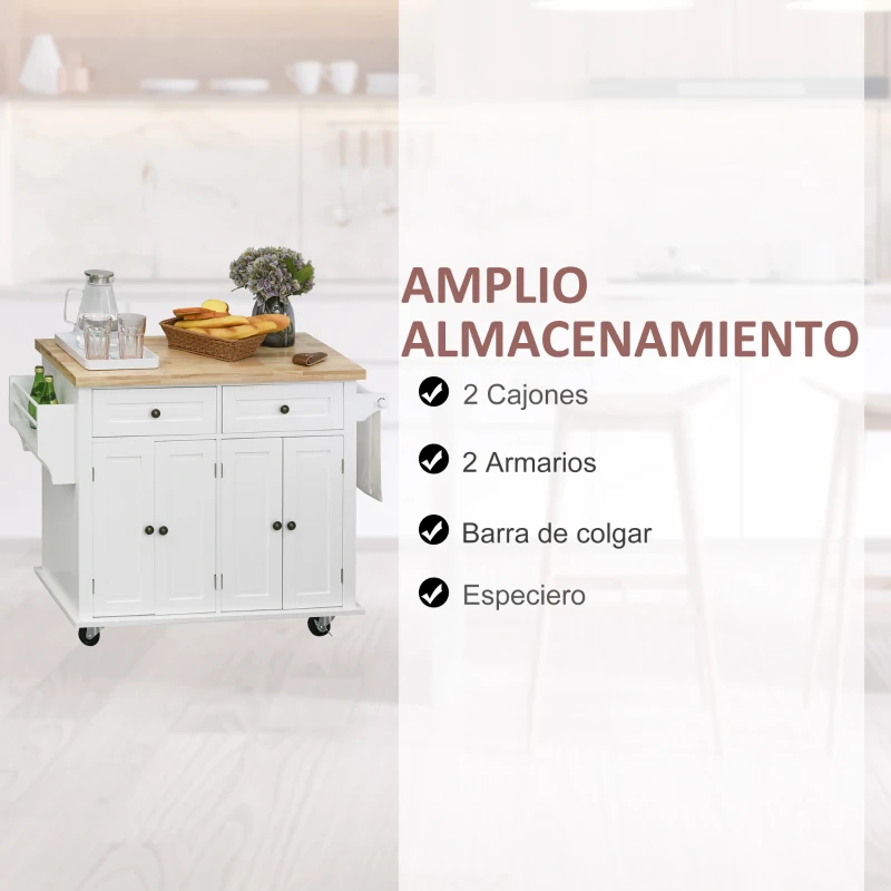 HOMCOM Isla de Cocina con Ruedas Mueble Auxiliar de Cocina con Especiero y Barra Lateral 111x44,5x82,5 cm Blanco