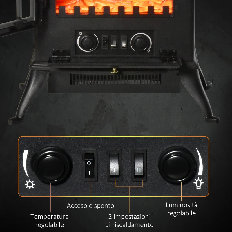 HOMCOM Camino Elettrico da Terra con Effetto Fiamma, Caminetto Elettrico 1000W /2000W con Protezione da Surriscaldamento e Termostato, in ABS e Vetro, 45x28x54cm, Nero