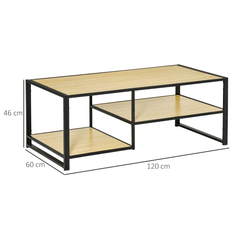 HOMCOM Mesa de Centro de Salón con 2 Estantes de Almacenamiento Mesa Baja con Marco de Acero para Dormitorio 120x60x46 cm Roble