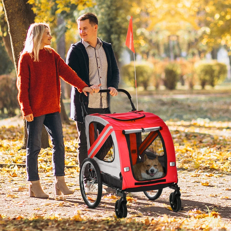 PawHut Remorque à vélo pour chien convertible jogger 2 en 1 pour animaux avec drapeau réflecteurs - rouge