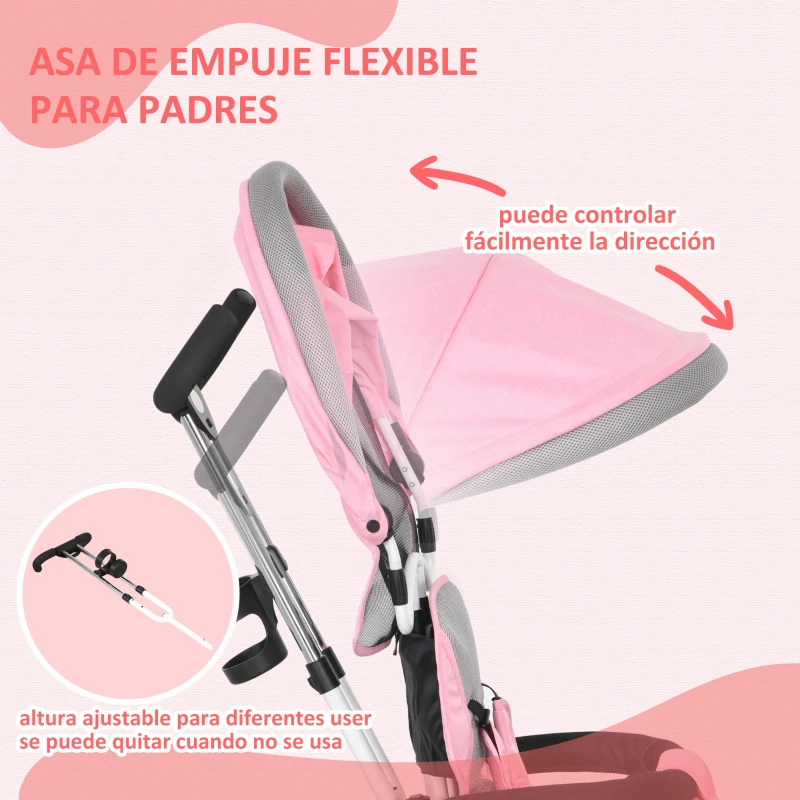 HOMCOM Triciclo Evolutivo para Niños +12 Meses con Toldo Plegable Mango de Empuje Telescópico y Cinturón de Seguridad Rosa