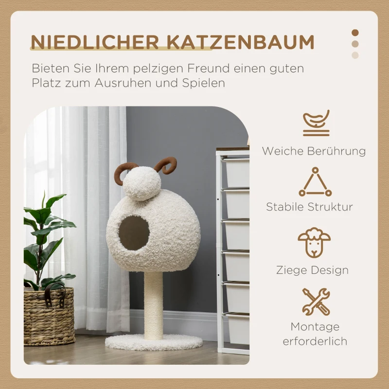 HOMCOM Kratzbaum für Katzen, Schafdesign inkl. Katzenhöhle u. Kratzstamm, waschbares Kissen, Cremeweiß + Braun