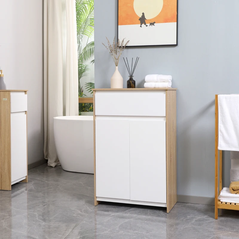 kleankin Badezimmerschrank Badkommode Küchenschrank Badregal Standschrank mit 2 Innenablagen und einer großen Schublade kippsicheres Design elegant MDF Naturholz+Weiß 60 x 30 x 90 cm