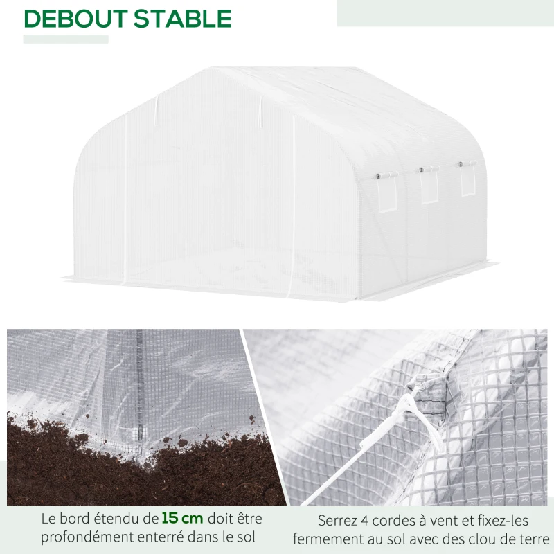 Outsunny Serre Tunnel de Jardin 10,5 m² dim. 3,5L x 3l x 2H m Porte + 6 fenêtres enroulables Acier galvanisé bâche PE Haute densité Blanc