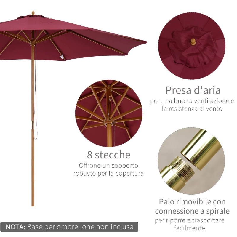 Outsunny Ombrellone da Giardino 3x2.5 con Palo in Legno e 8 Stecche e Copertura in Poliestere Rosso Scuro