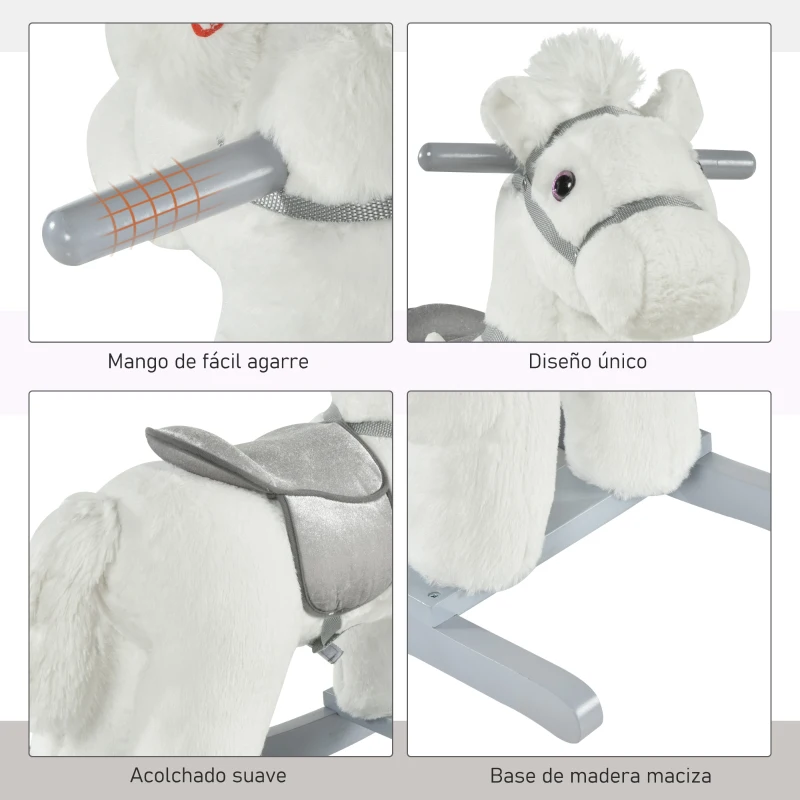 HOMCOM Caballito Balancín con Felpa con Osito de Peluche para Niños 18-36 Meses Caballo Mecedora Sonidos de Relincho y Galope Base de Madera Asiento 35 cm Carga 30 kg 65x26x55 cm Blanco