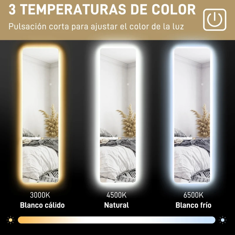 HOMCOM Espejo de Cuerpo Entero con Luz LED 150x40 cm con Iluminación de 3 Colores Función de Memoria Transparente