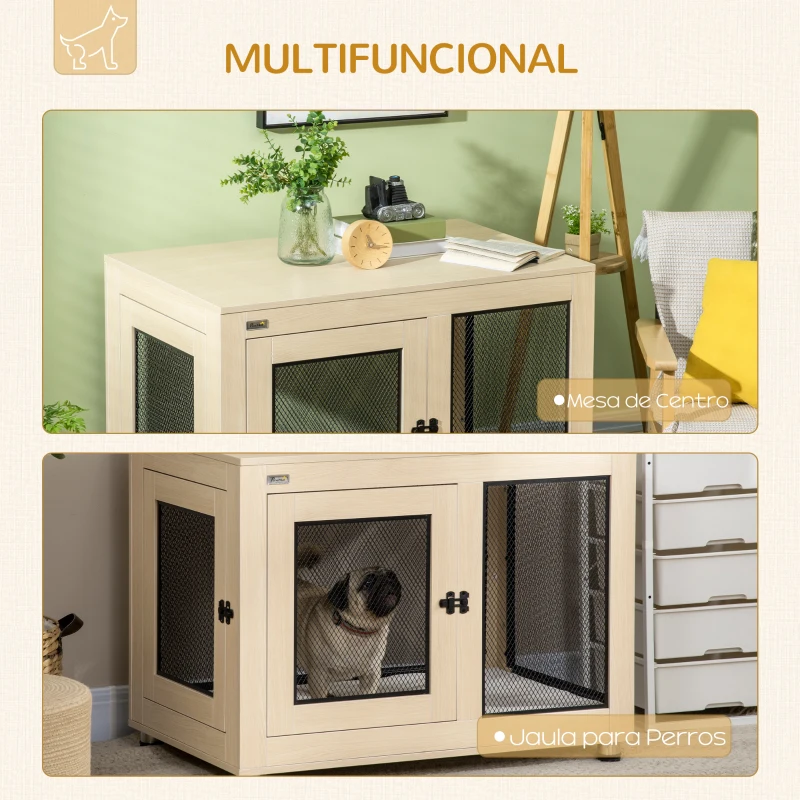 PawHut Jaula para Perros Grandes de Interior Mesa Auxiliar con 2 Puertas con Pestillo y Cojín 94x60x71,5 cm Roble