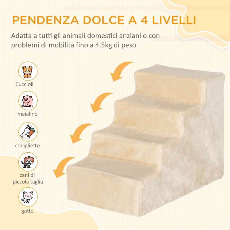 PawHut Scaletta per Cani Portatile a 4 Gradini, in Tessuto Vellutato Sfoderabile e Truciolato, 60x35x44 cm, Beige