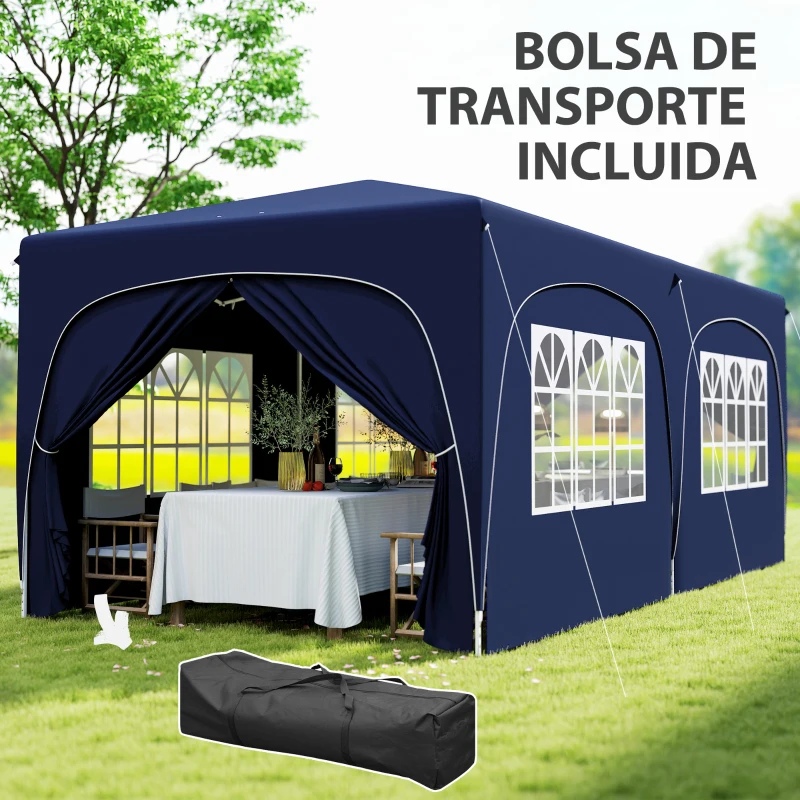 Outsunny Cenador Plegable 3x6 m Gazabo con Paneles Laterales UPF50+ Altura Ajustable Bolsa de Transporte Azul Oscuro