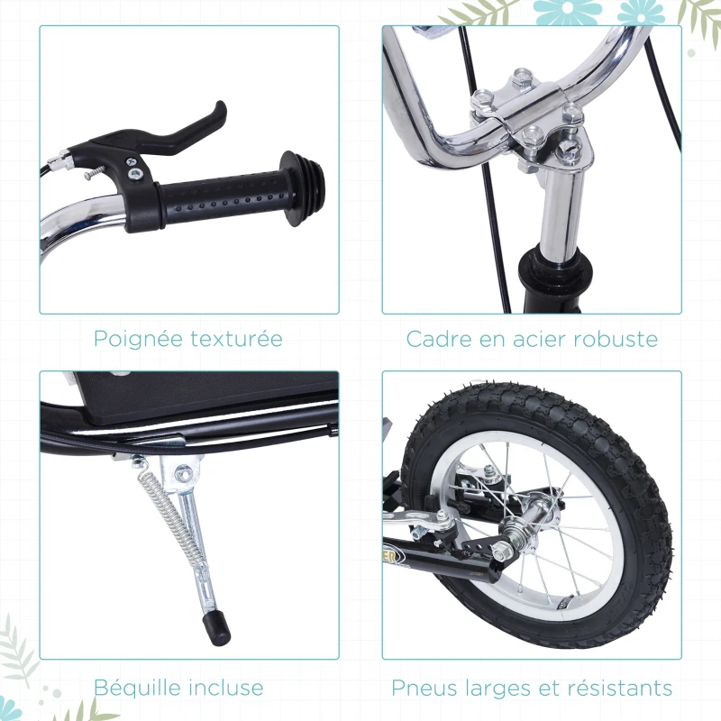 HOMCOM Trottinette patinette Vélo Enfant à partir de 5 Ans Tout Terrain Grands pneus gonflables Guidon réglable poignées Freins et béquille pour Adultes et Enfants Acier Noir