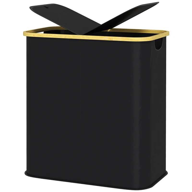 HOMCOM Cesto Portabiancheria da 80L a 2 Sezioni con Coperchio, in Tessuto non Tessuto e Bambù, 54x34x58.5 cm, Nero