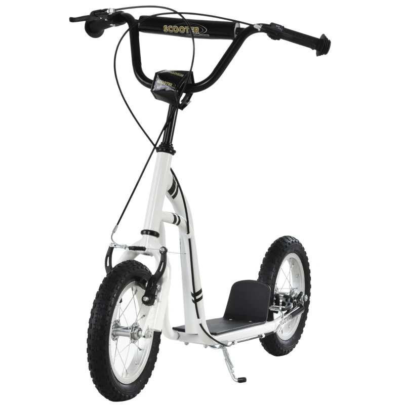 HOMCOM Trottinette enfants, grandes roues pneumatiques 12 pouce en caoutchouc, charge 100 kg, trottinette tout terrain avec double freins, hauteur réglable et béquille latérale, 5 à 12 ans, blanc(m-10)