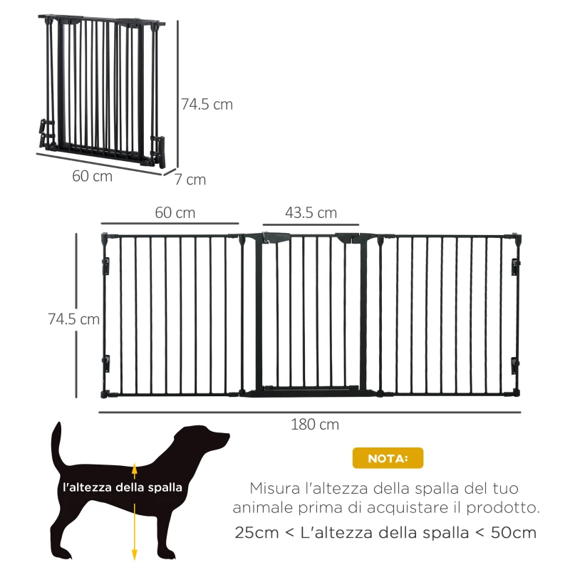 PawHut Cancellino per Cani Taglia Piccola e Media Pieghevole a 3 Pannelli, 180x3x74.5 cm, Nero