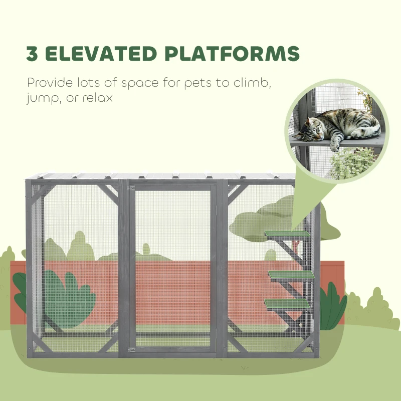 PawHut 71" Outdoor Wooden Cat House with Three Platforms, Large Door, Water-Resistant Roof, for Multiple Cats, Grey